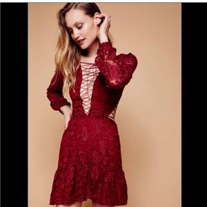 For Love And Lemons Red Lace Long Sleeve Dress